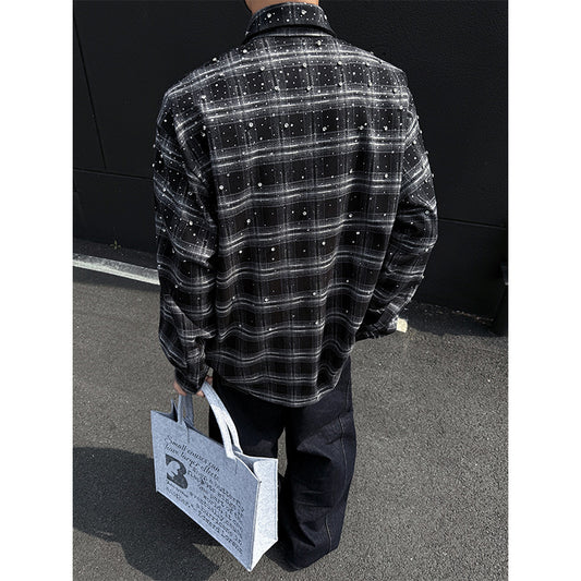 Men's long-sleeved American loose checked shirt jacket, men's plus-size shirt