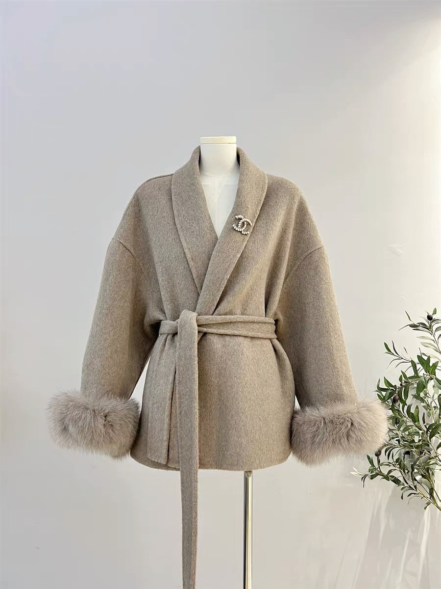 Fox fur double-sided wool coat, women's short coat, women's elegant bathrobe, double-sided woolen coat