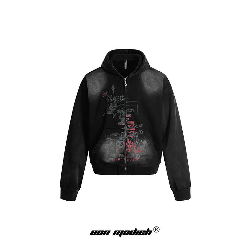 Autumn American street trend design loose hooded sweatshirt cardigan