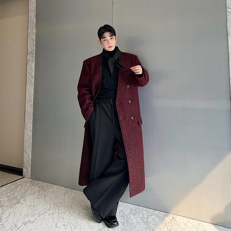 European Station designer's wool coat, mid-length tweed jacket with a high-end feel, men's double-ed silhouette