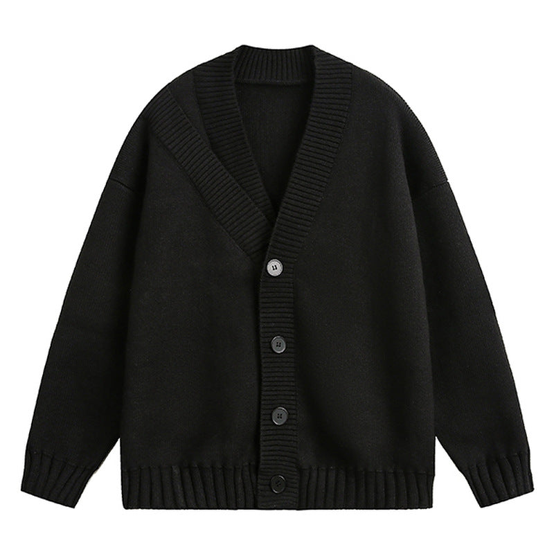 American solid-color cardigan sweater, men's autumn laid-back style knitted sweater, high street Hong Kong-style casual couple coat