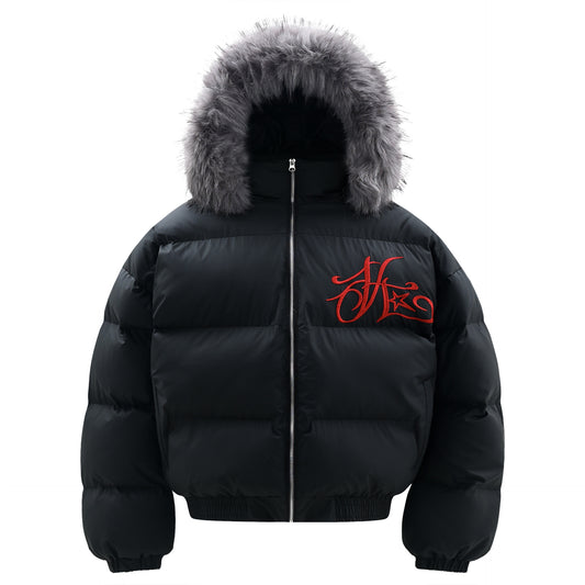 Detachable wool-collared hooded cotton-padded jacket, loose and thick warm bread jacket