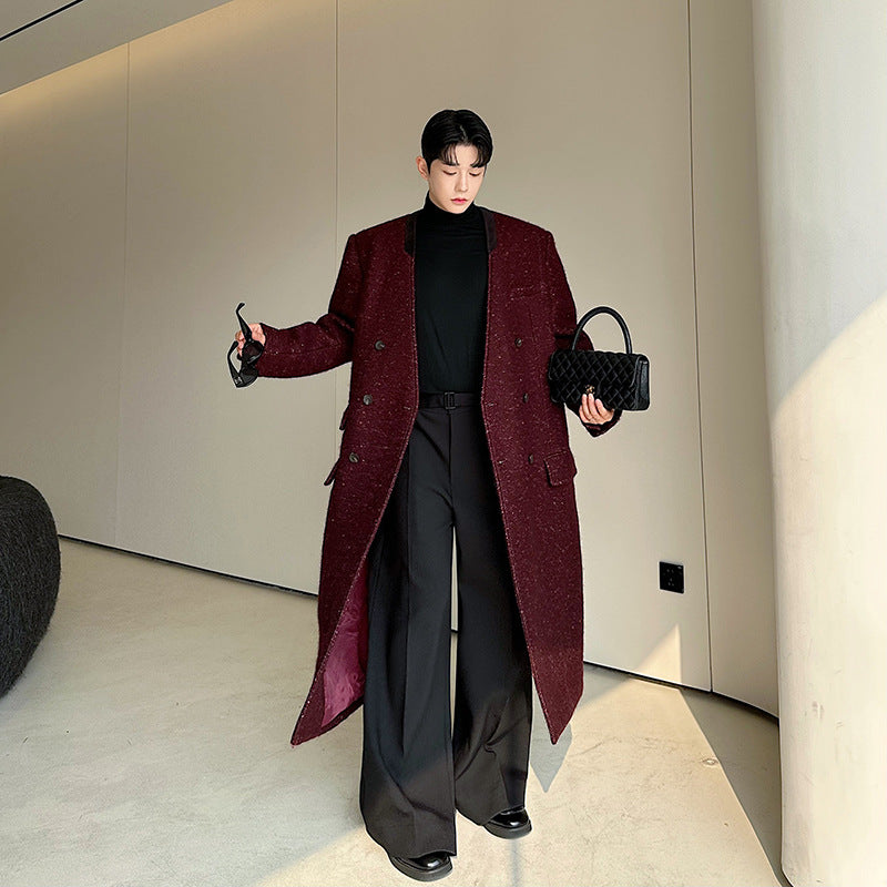 European Station designer's wool coat, mid-length tweed jacket with a high-end feel, men's double-ed silhouette