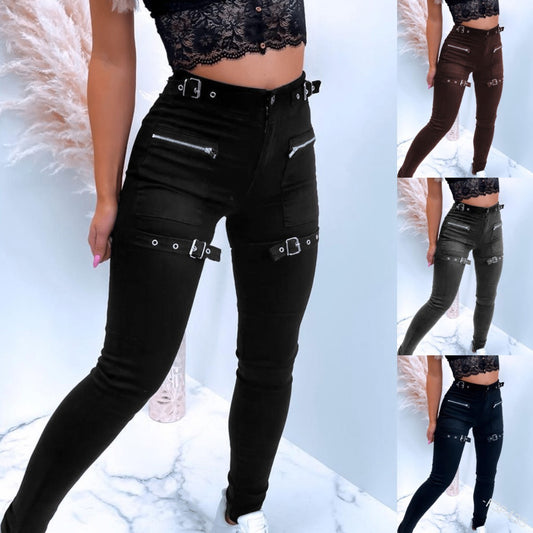 Cross Border 2021 Amazon High waisted button-up solid color Skinny Pants Ladies casual fashion link pocket leg pants