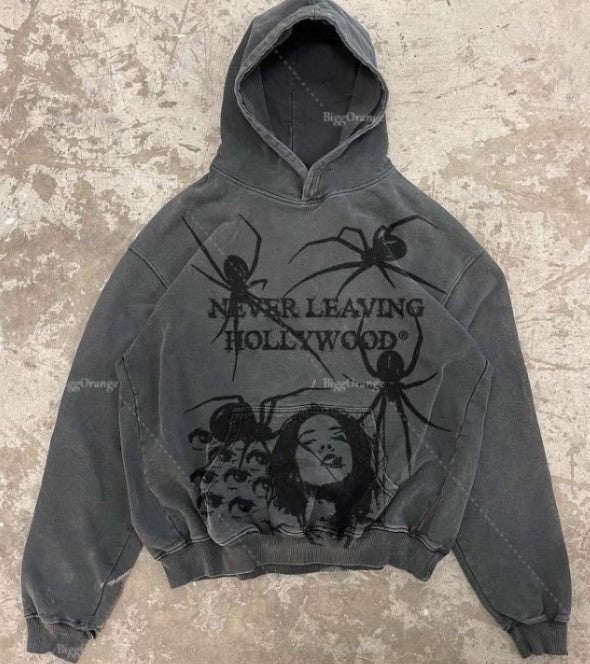 Gothic spider print hoodie autumn and winter fleece American hoodie pullover Y2K sweatshirt