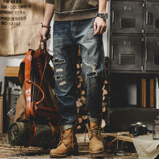 American heavy-duty workwear pants, men's autumn loose straight-leg ripped jeans, men's plus-size pants