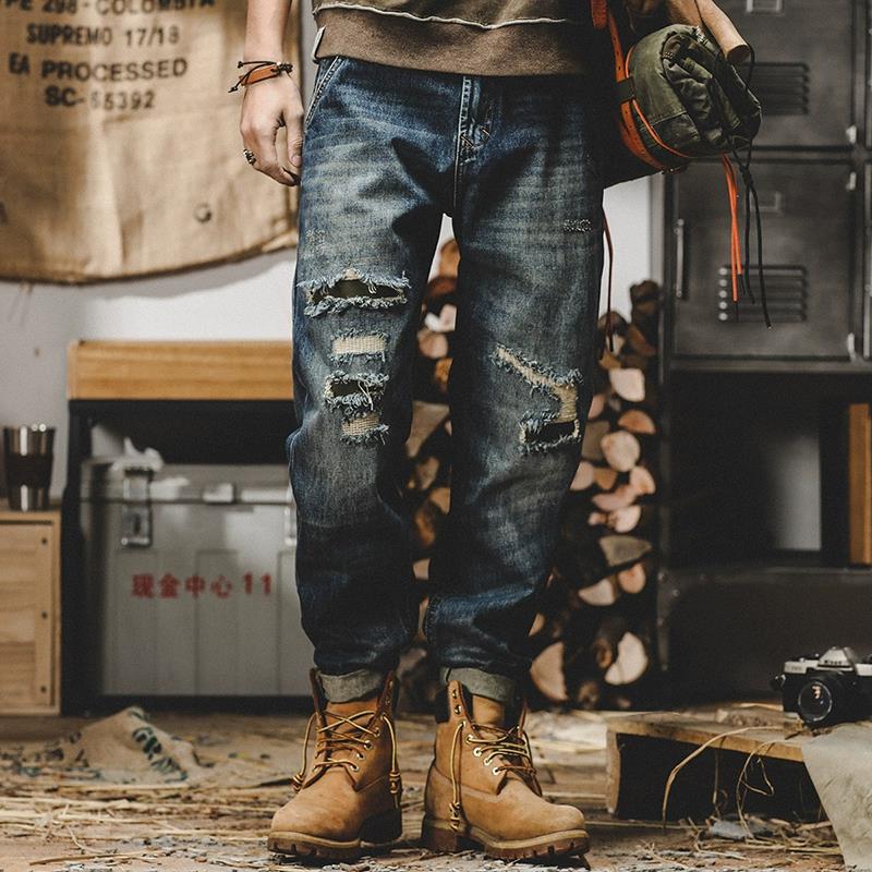 American heavy-duty workwear pants, men's autumn loose straight-leg ripped jeans, men's plus-size pants