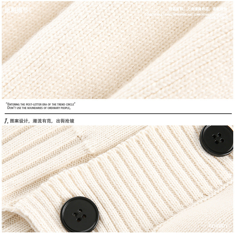 American solid-color cardigan sweater, men's autumn laid-back style knitted sweater, high street Hong Kong-style casual couple coat