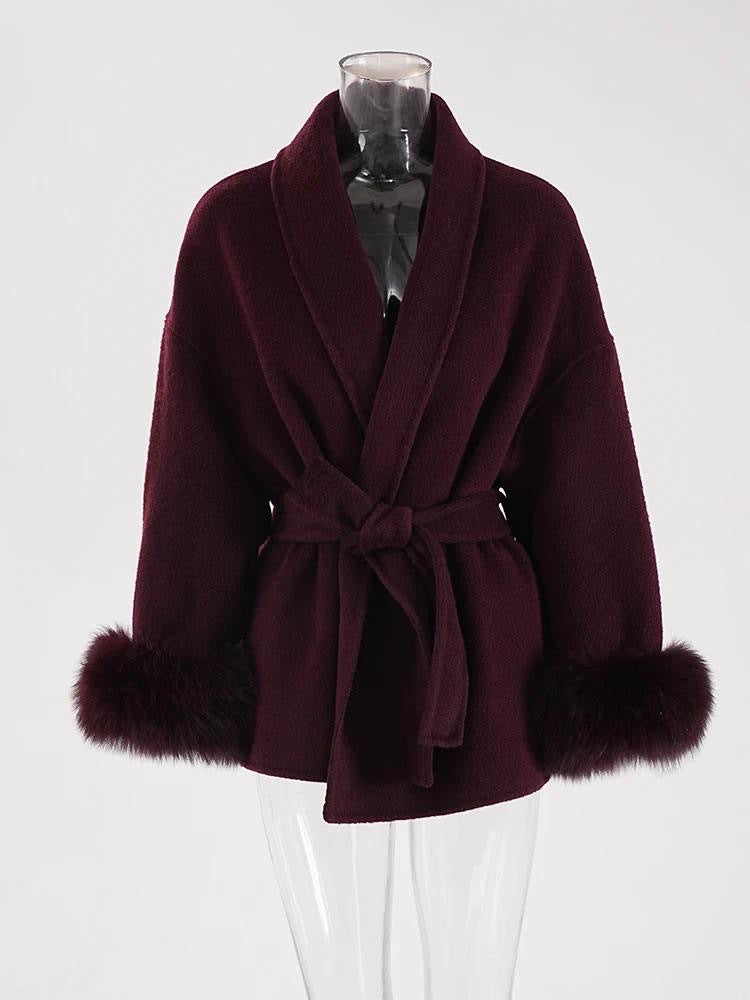 Fox fur double-sided wool coat, women's short coat, women's elegant bathrobe, double-sided woolen coat