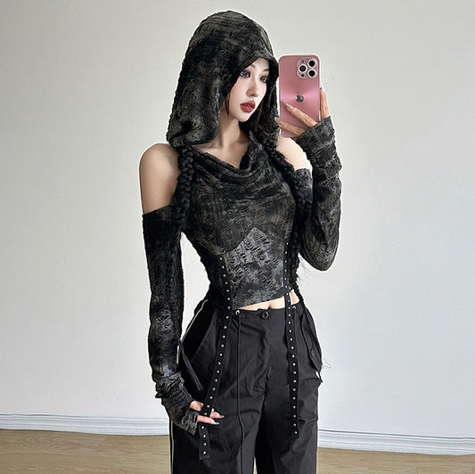 "Wind Autumn Winter Women's streetwear solid-color long-sleeved off-the-shoulder T-shirt for women.