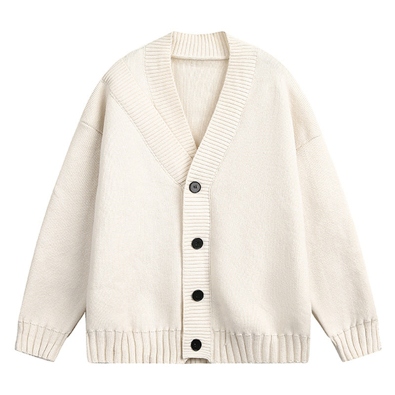 American solid-color cardigan sweater, men's autumn laid-back style knitted sweater, high street Hong Kong-style casual couple coat