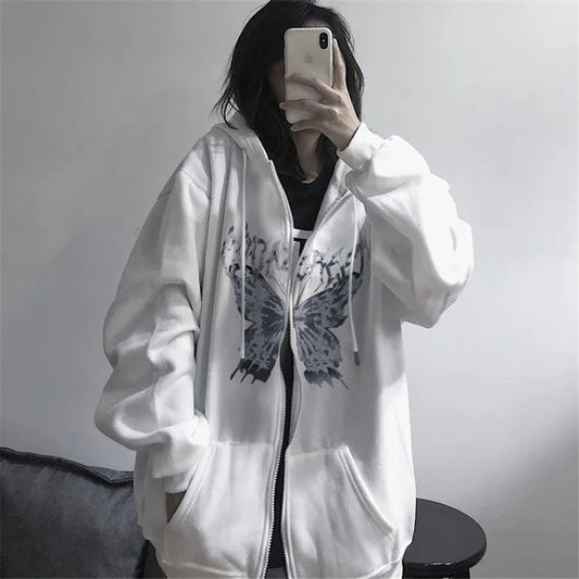 A hooded, zipped cardigan and sweatshirt for women in autumn and winter. A loose, thick and versatile mid-length trendy coat