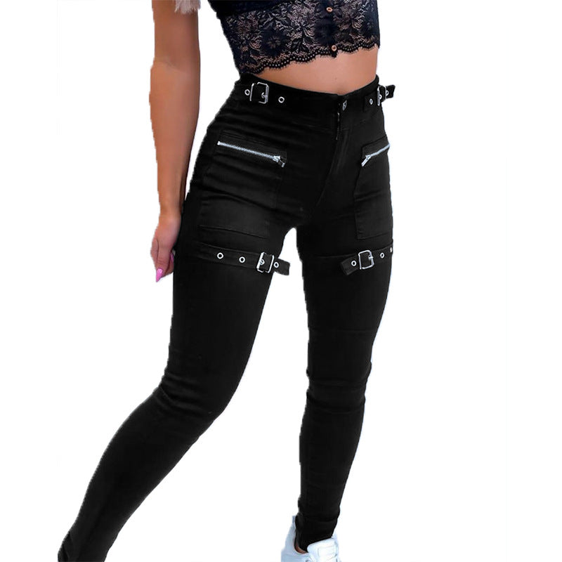 Cross Border 2021 Amazon High waisted button-up solid color Skinny Pants Ladies casual fashion link pocket leg pants