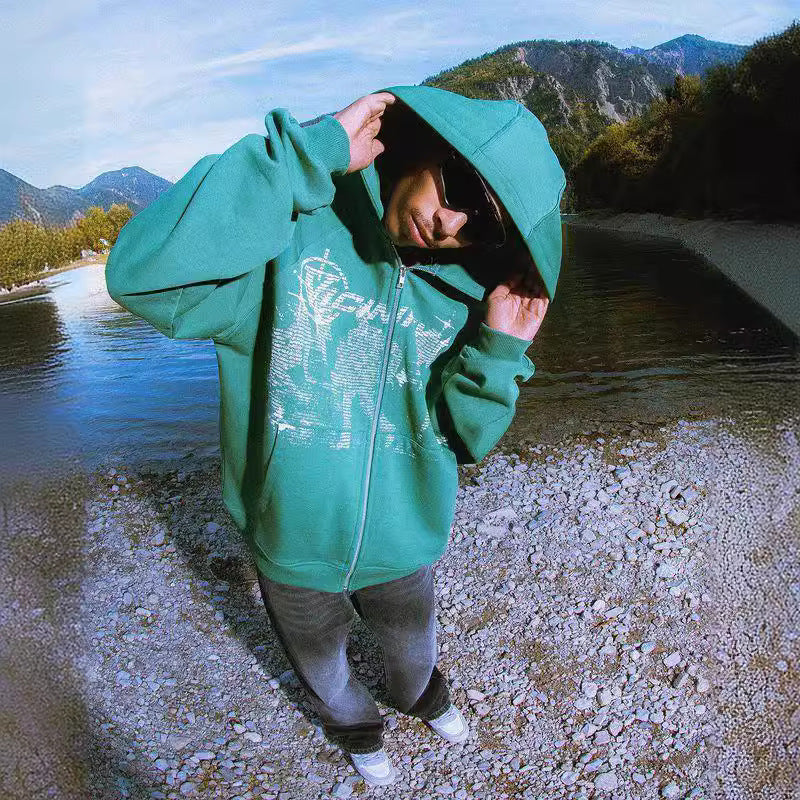 American retro hiphop zipper hoodie, men's unique street style, Harajuku anime print Hoodie long-sleeved jacket