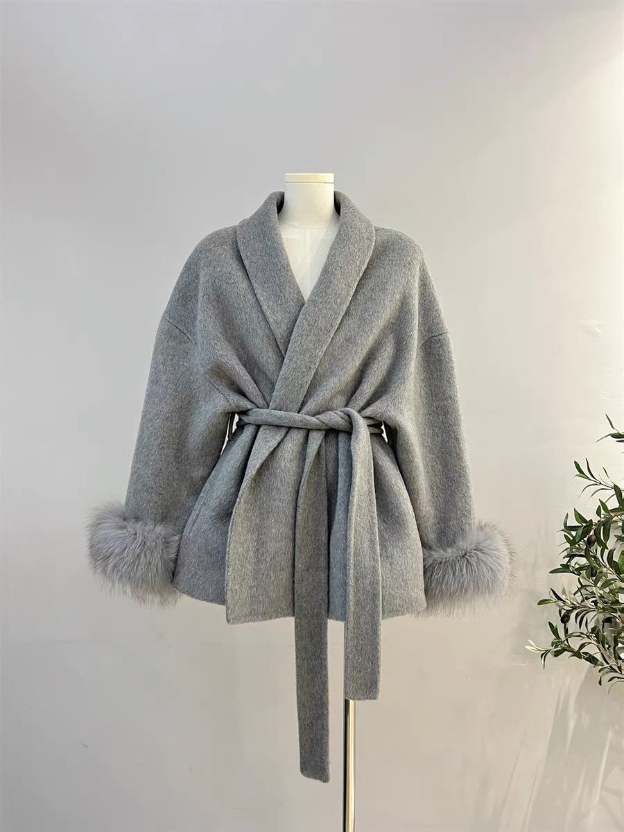 Fox fur double-sided wool coat, women's short coat, women's elegant bathrobe, double-sided woolen coat