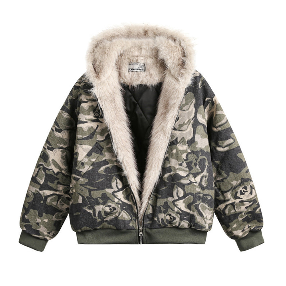 Camouflage hooded cotton-padded jacket for men's winter style, American high street design sense, loose cotton padded and thickened cotton-padded jacket