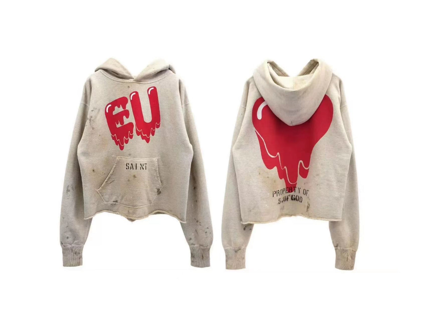 Saint Michael's American street style distressed hoodie, loose hooded pullover hoodie trend