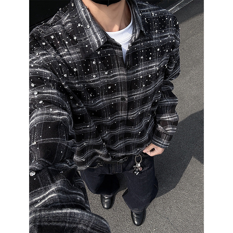 Men's long-sleeved American loose checked shirt jacket, men's plus-size shirt