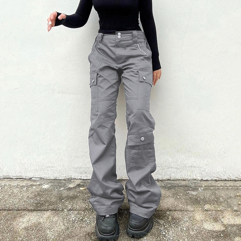 Grey cargo line split multi-pocket button cuffed Spice Girl low waist to show leg length loose straight leg jeans