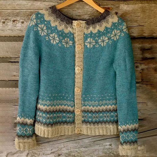 Women's ethnic-style jacquard knitted sweater, women's autumn and winter cardigan, single-ed sweater