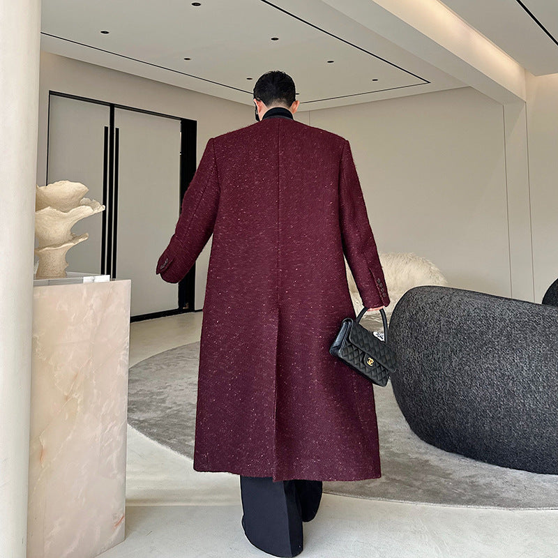 European Station designer's wool coat, mid-length tweed jacket with a high-end feel, men's double-ed silhouette