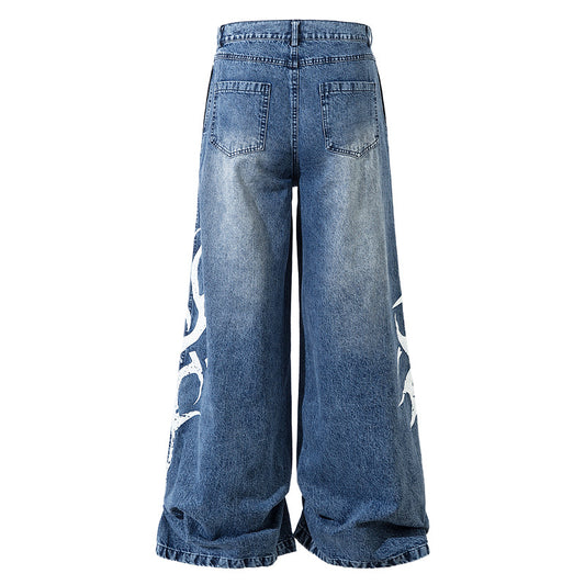Men's American-style mid-waisted wide-leg jeans with a design sense and totem prints, loose floor-length pants, straight-leg pants