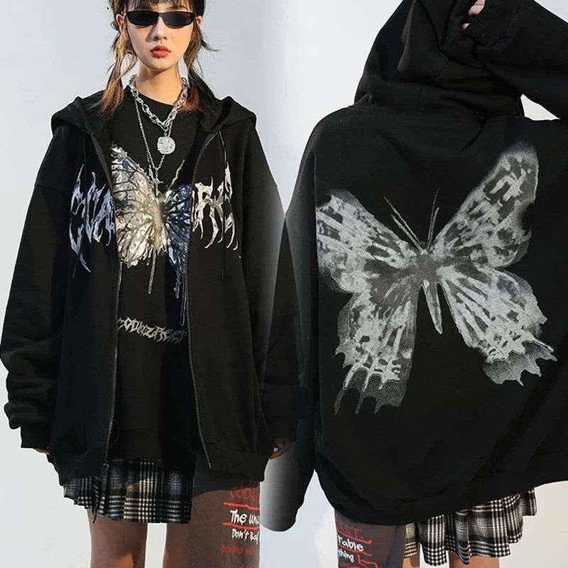 A hooded, zipped cardigan and sweatshirt for women in autumn and winter. A loose, thick and versatile mid-length trendy coat