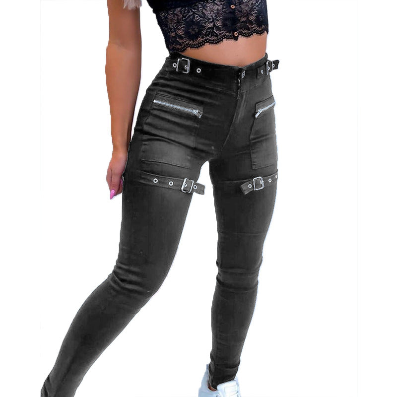 Cross Border 2021 Amazon High waisted button-up solid color Skinny Pants Ladies casual fashion link pocket leg pants
